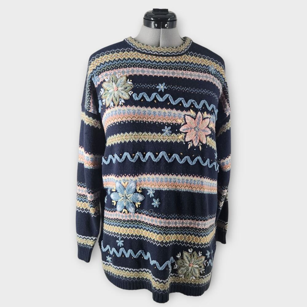 Maggie Lawrence Sport Knit Sweater Women's L Embroidered Floral Crew Neck VTG